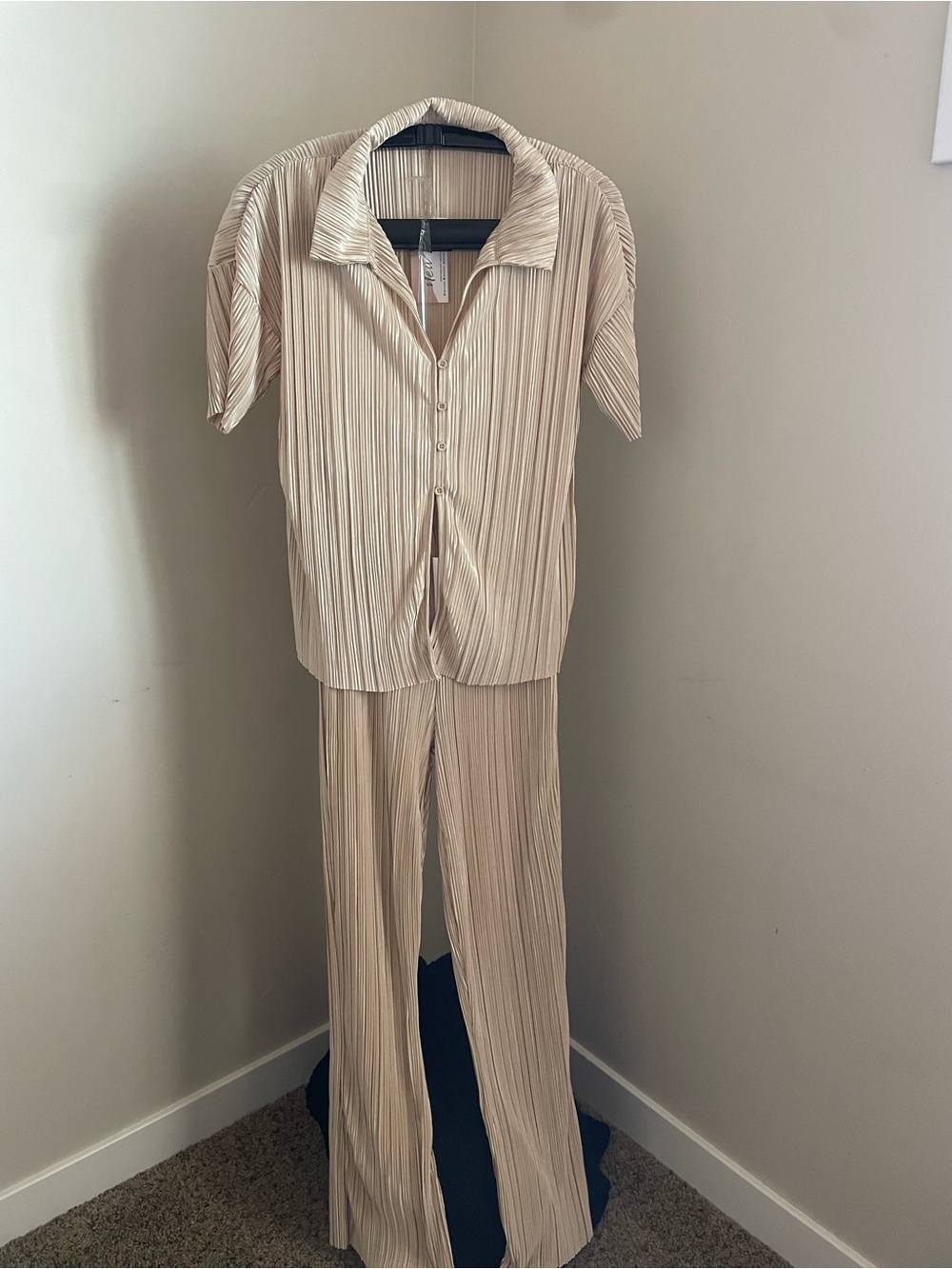 Pleated Wide-Leg Jumpsuit Set in Beige